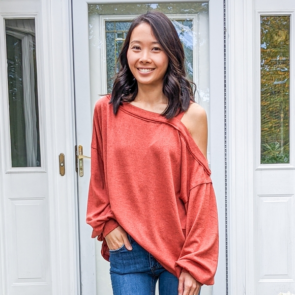 Rust Orange Shoulder Cut Out Long Sleeve Top - Picture 2 of 12